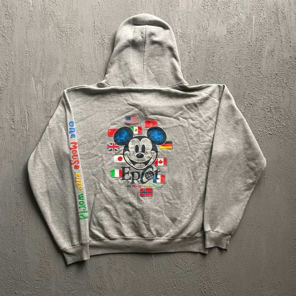 Vintage Epcot Mickey Mouse Zip Hoodie Mens Large Gray 90s Walt Disney World